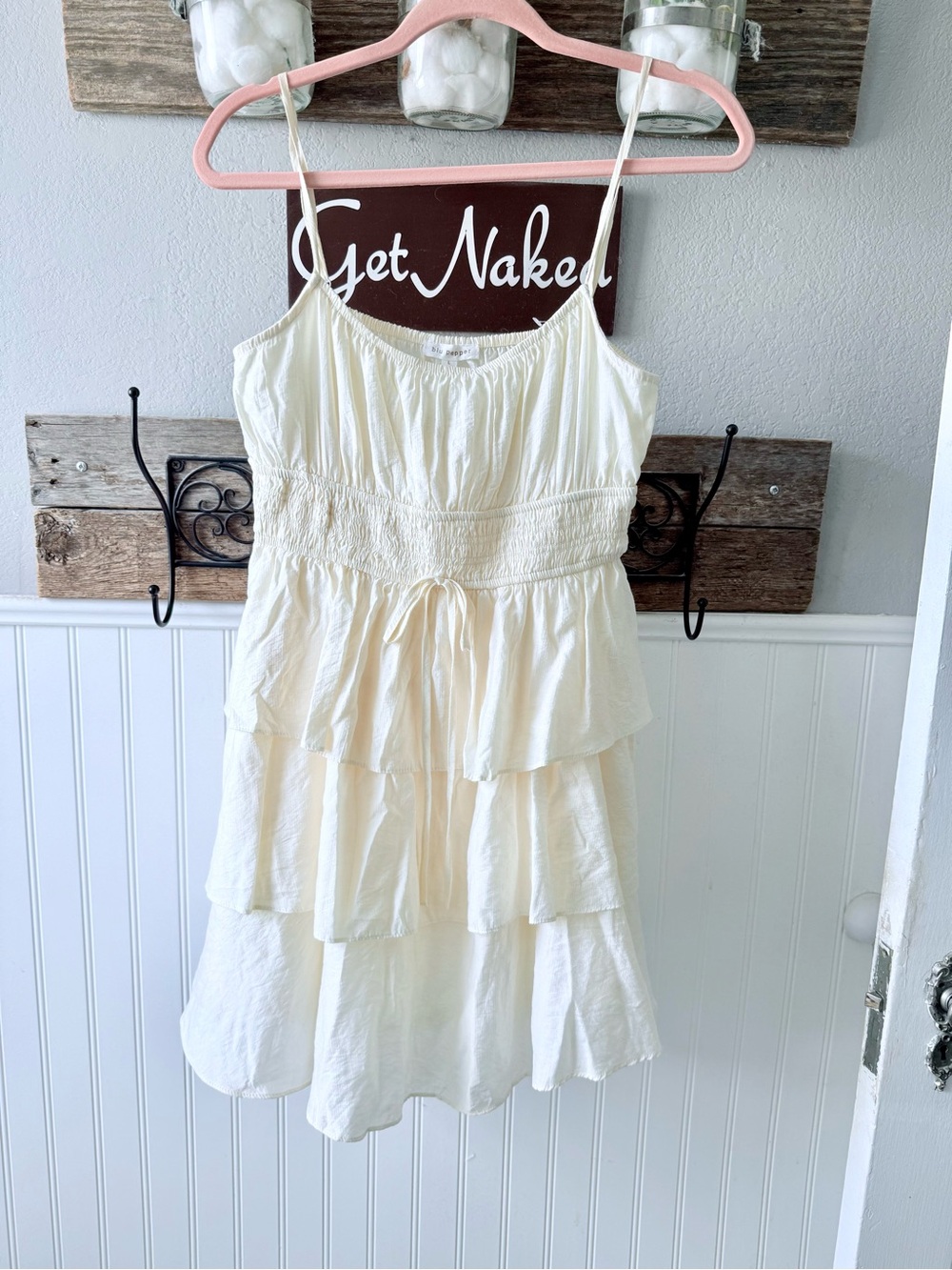 Blu Pepper Cream Tiered Sundress with Smocked Waist